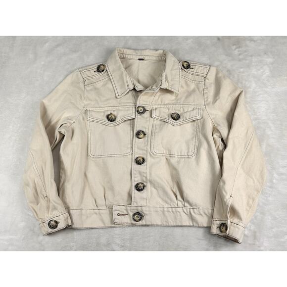 Free People Jacket Womens Sz Large Cream Denim Rumors Biker Button Up Cropped - Picture 1 of 6